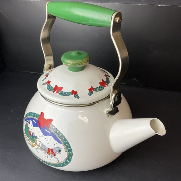 Vintage Mervyn's Porcelain on Steel Holiday Tradition Tea Kettle Winter Sleigh - Picture 2 of 13
